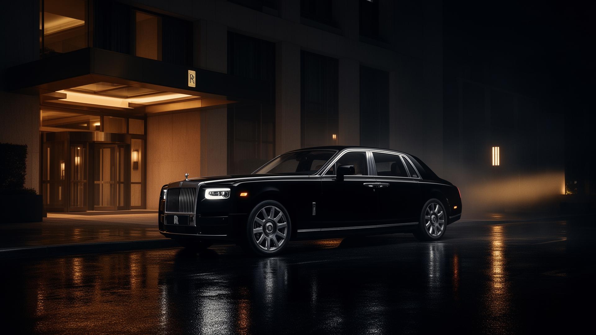Black Rolls-Royce Phantom at a hotel entrance at night